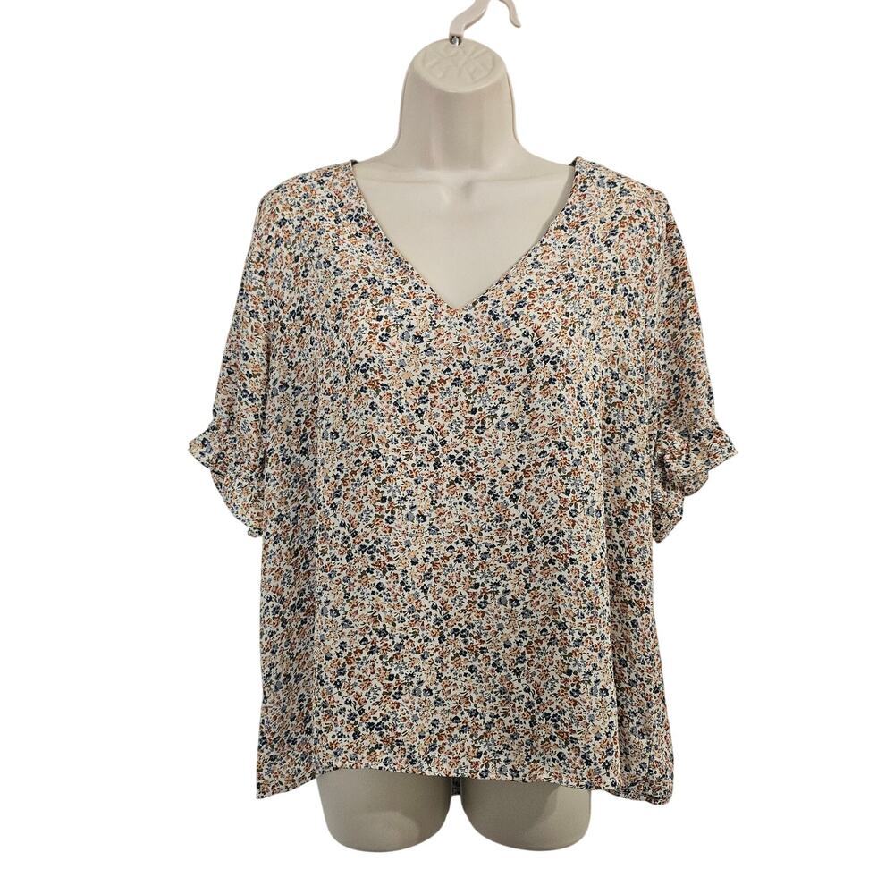 BOHME Multicolored Floral V-Neck Short Sleeve Blouse Size L